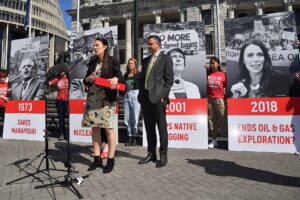 The Prime Minister of New Zealand speaks at Greenpeace event presenting a petition signed by more than 45,000 people calling for an end to oil exploration.