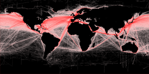 Global shipping routes in red. More here: http://spatial-analyst.net/worldmaps/shipping.rdc
