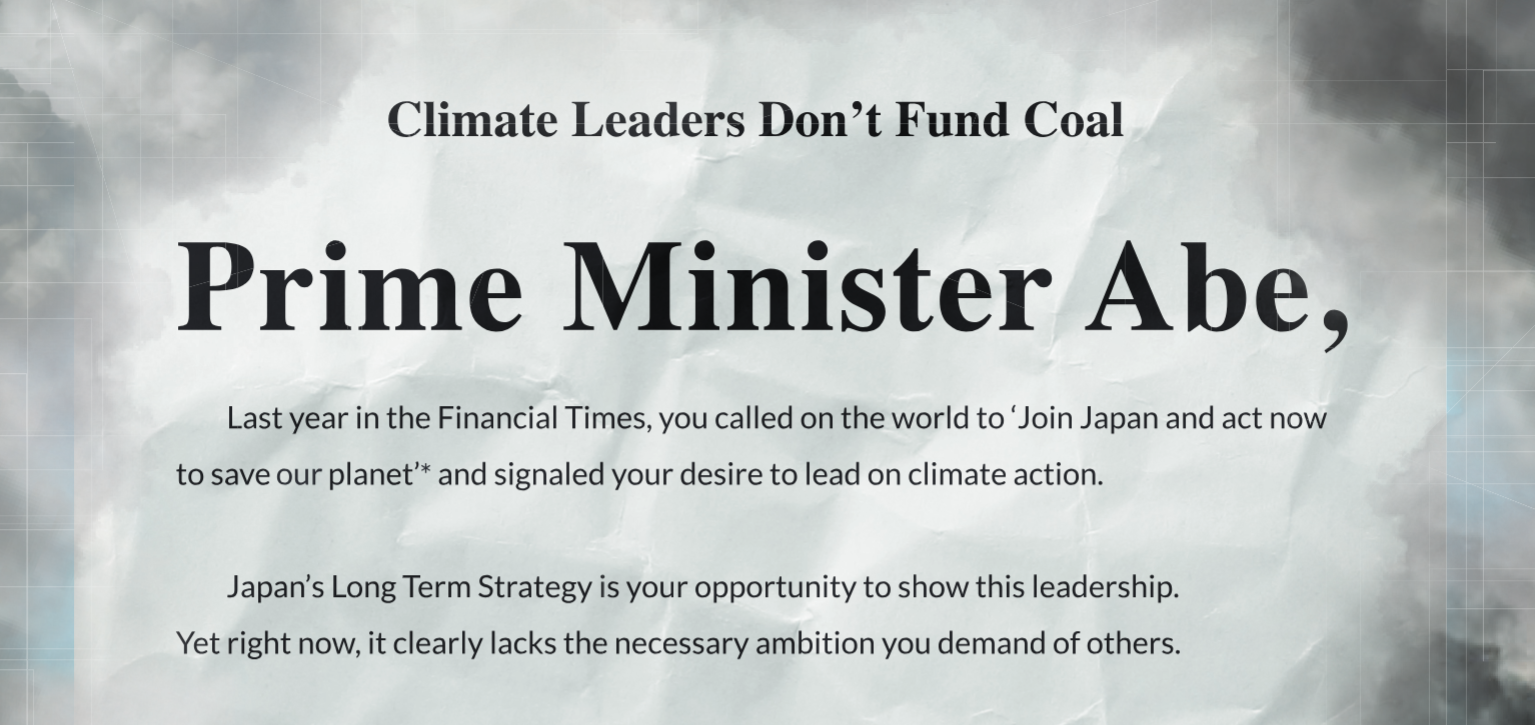 Hey: Prime Minister Abe, Climate Leaders Don’t Fund Coal