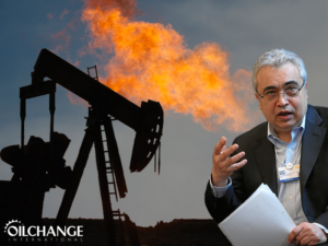 The head of the IEA, Fatih Birol, alongside an oil derrick and a gas flare.