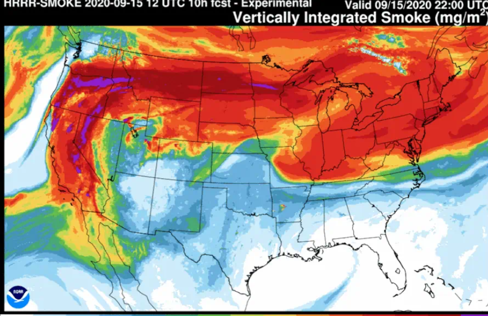 Hothouse US: Catastrophic fires spreading smoke from the West; Five Cyclones to the East