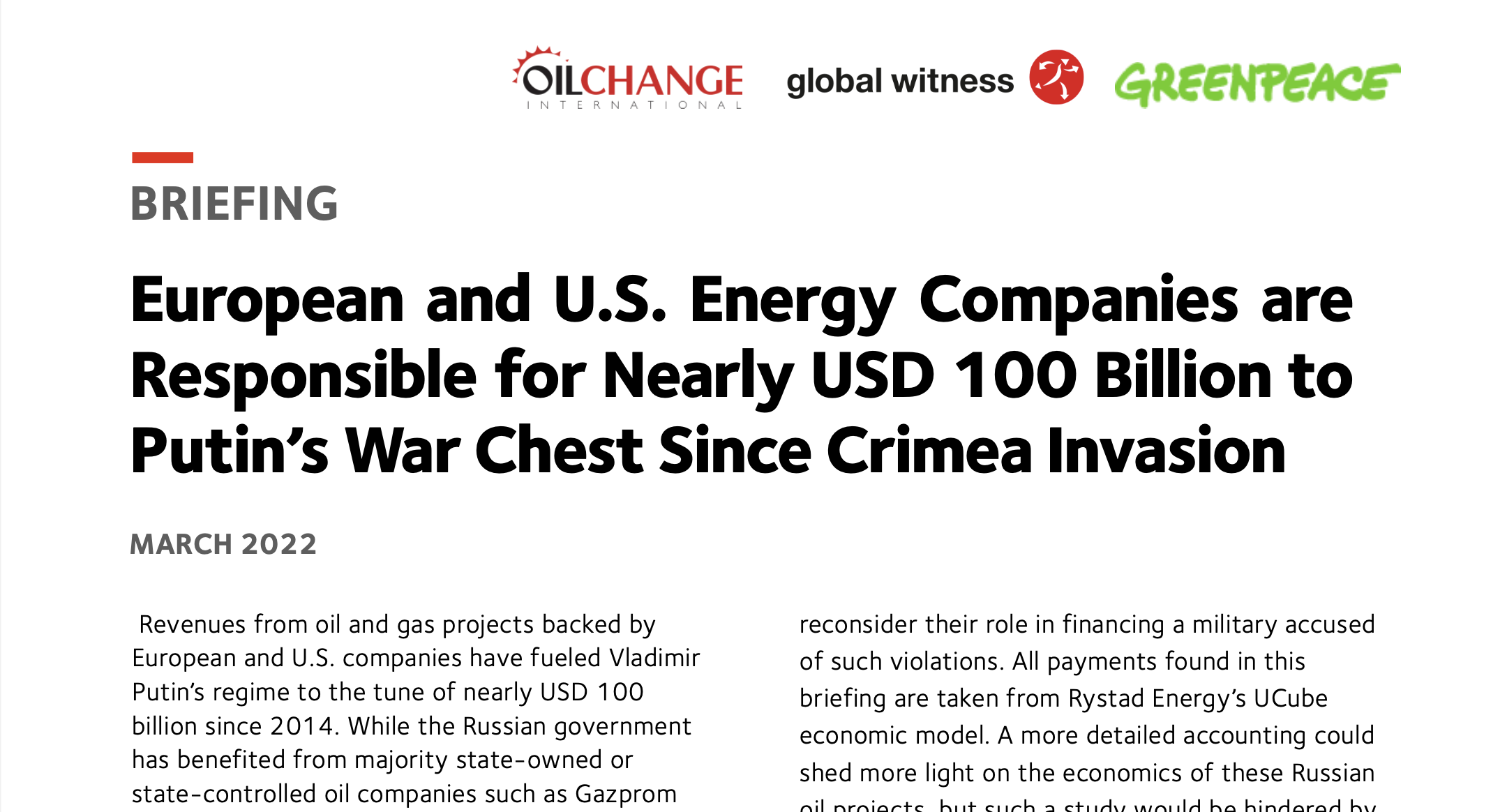 European and U.S. Energy Companies are Responsible for Nearly USD 100 Billion to Putin’s War Chest Since Crimea Invasion