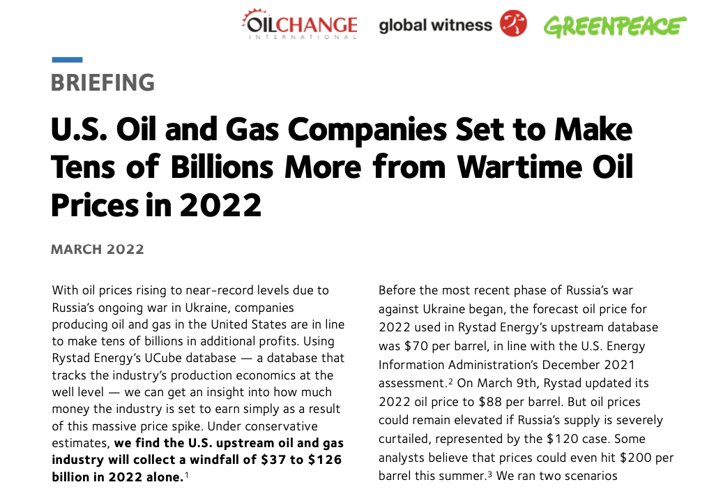 U.S. Oil and Gas Companies Set to Make Tens of Billions More from Wartime Oil Prices in 2022