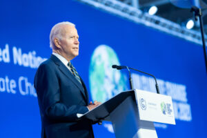 President Joe Biden delivers a leader statement during the COP26 U.N. Climate Change Conference in Scotland.