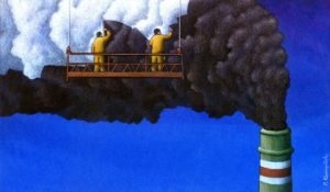 A satirical illustration of 2 people painting the smog coming from a smoke stack white